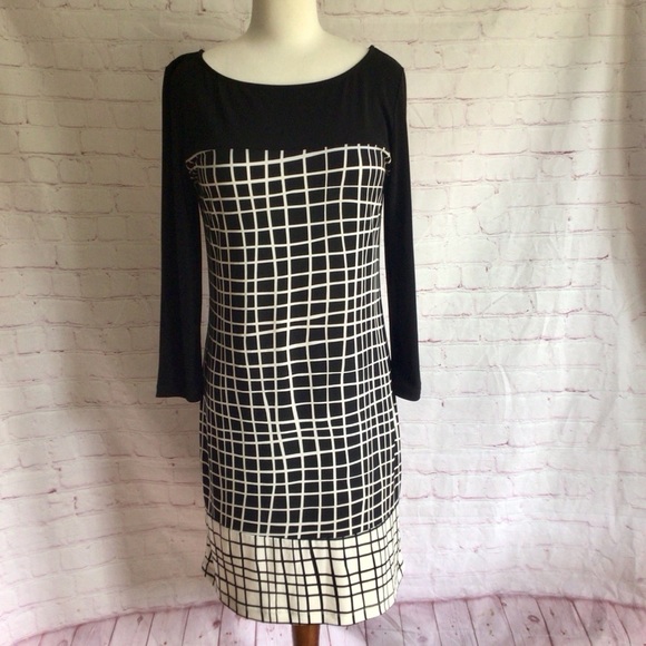 Howard Showers Dresses & Skirts - Howard Showers Black and White Grid Long Sleeve Midi Dress - Size 8